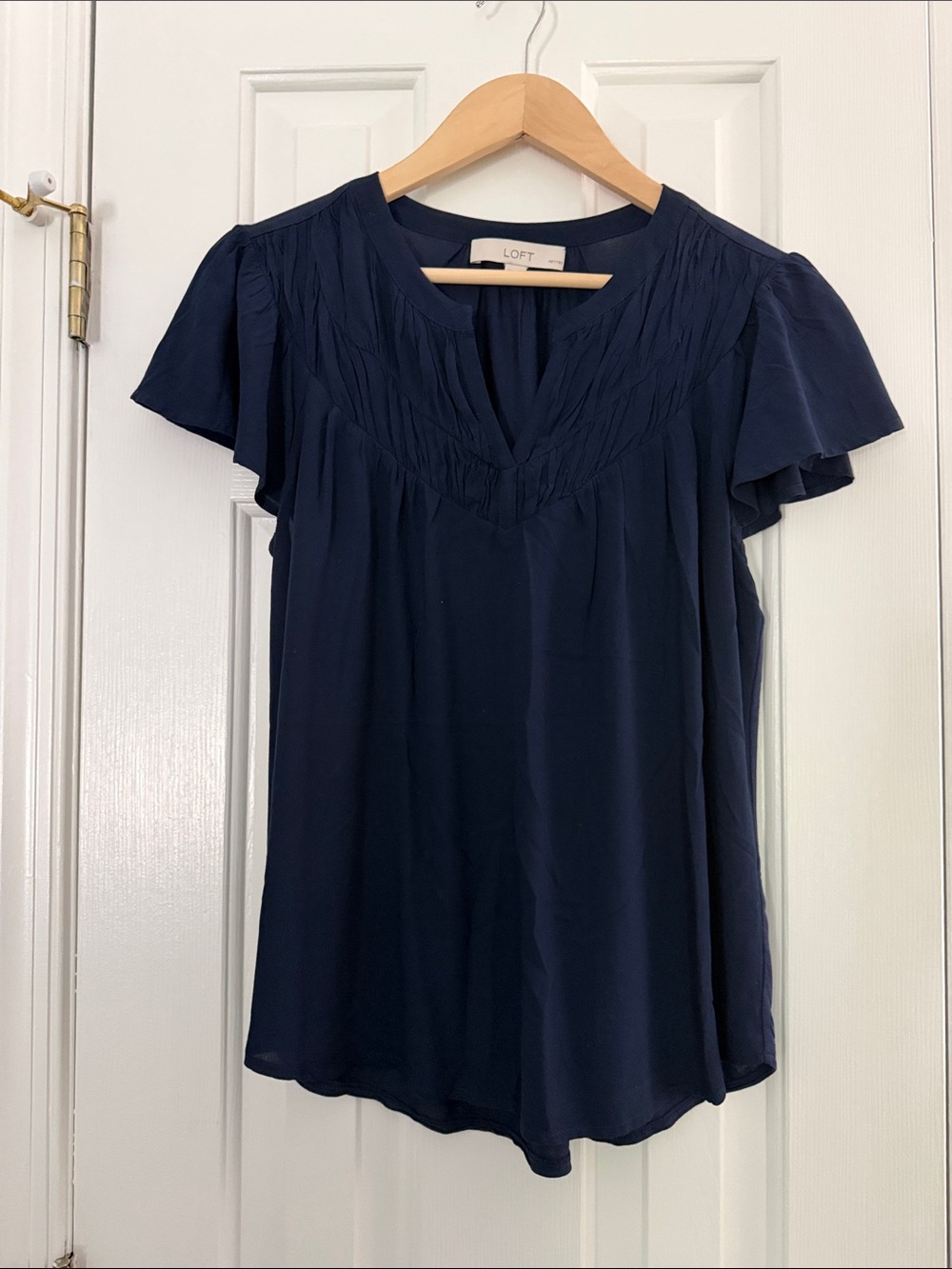 LOFT Navy Flutter Sleeve Pleated Yoke Blouse
